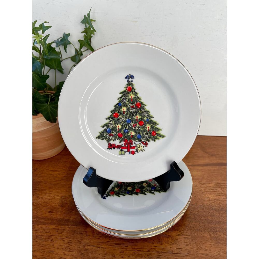 Vintage 4pc Set Sea Gull Fine China Christmas Tree pattern dinner plates